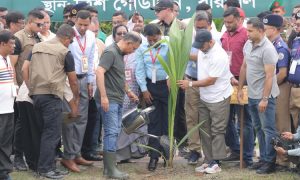 Prime Minister Tarique Rahman planting a sapling at the Sagardi Canal.