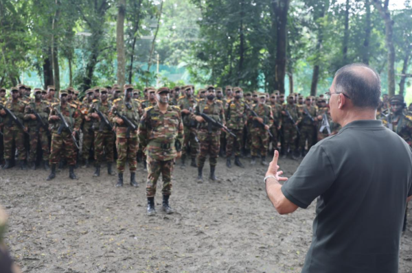 Prime Minister Tarique Rahman visiting the Bangladesh Army summer exercise in a jungle.