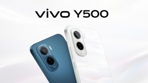 The new Vivo Y500 smartphone shown in Pearl White and Midnight Blue colors.